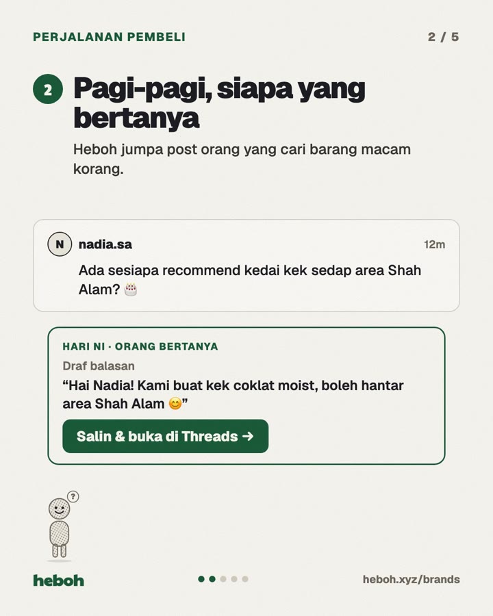 Tajuk: Cari 10 pembeli pertama korang. Seorang watak yang tengah scroll Threads.